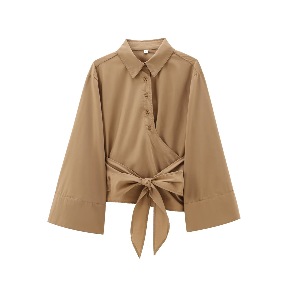 TRZA-Women's Long Sleeve Kimono Blouses With Bow Tie, Front Button, Female Shirts, Chic Tops,: L / Khaki