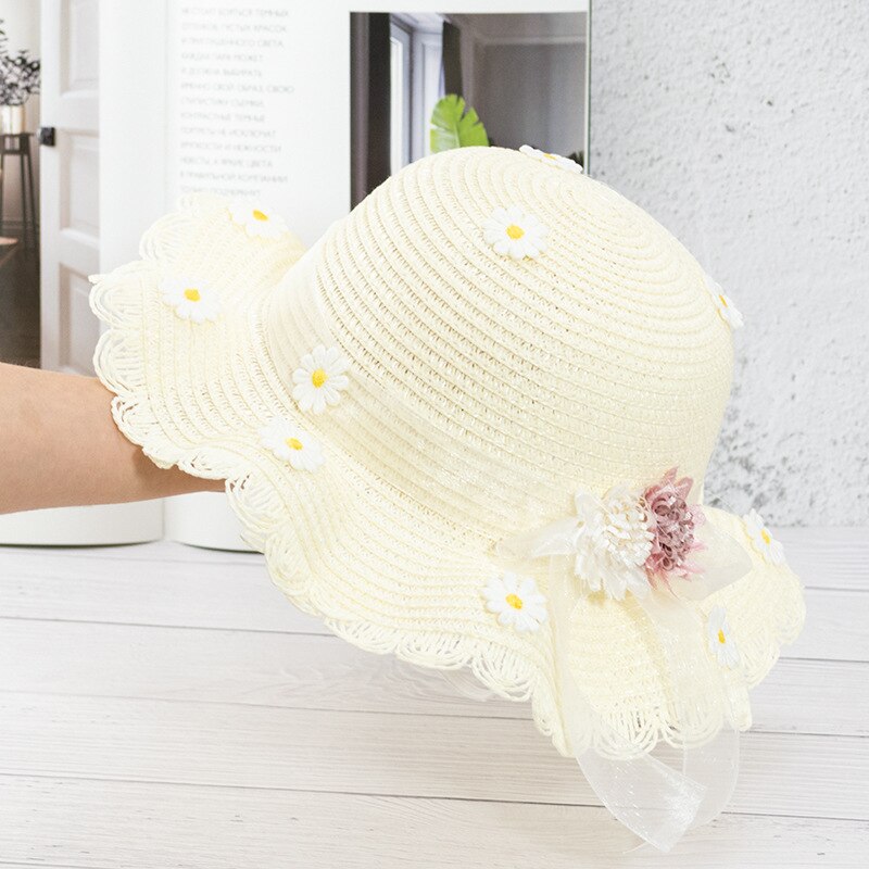 Los niños chica listón con flores sombrero hongo de paja sombreros de Sol para niños de primavera y verano con volantes con ala playa gorra para el sol sombreros: Cream