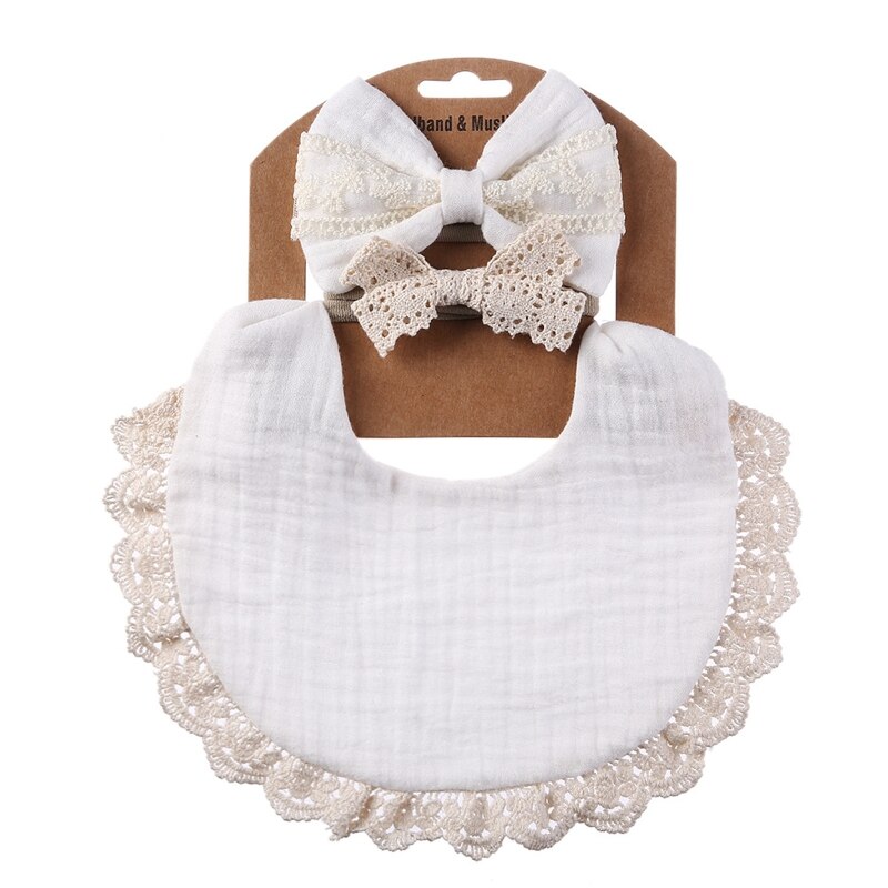 Baby Feeding Drool Bib Lace Headband Set Soft Cotton Saliva Towel Bandana Burp Cloth Hair Band for Newborn Toddler: White