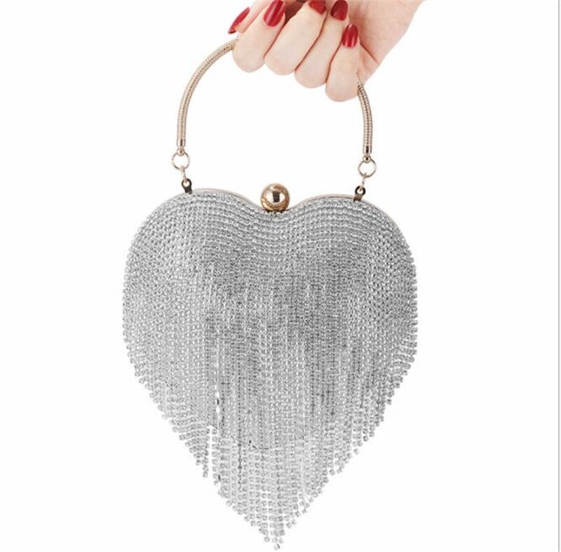 frauen diamant hochzeit kupplung taschen quaste bankett brieftaschen für damen herz geformt partei schulter taschen mit kette MN1586: Silber