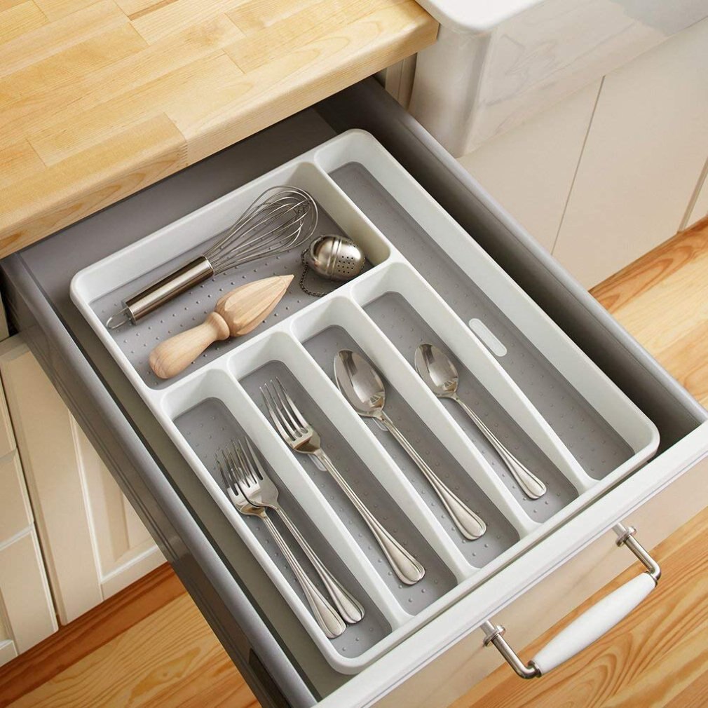 Kitchen Cutlery Tray Drawer Organizer Silverware Utensil Storage Cutlery Tray 5/6 Sections Divider Kitchen Drawer