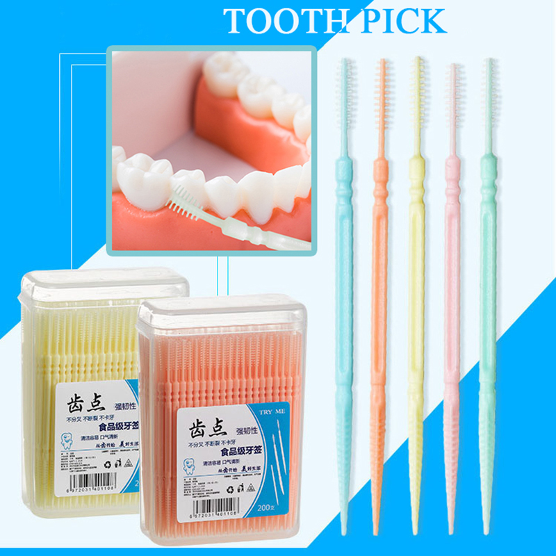 200 Stuks Tandzijde Interdentale Tandenstoker Borstel Dual-Head Wegwerp Tanden Stick Tandheelkundige Mondverzorging Plastic Milieuvriendelijke Producten