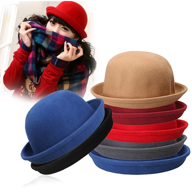 Vintage Women Men Woolen Roll Brim Bowler Hats Unisex Billycock Classic Hat SER88