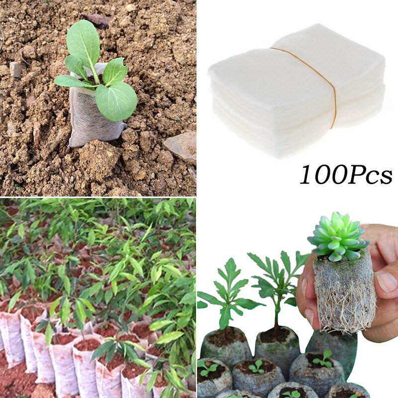 100 stk forskellige biologisk nedbrydelige ikke-vævede børnehaveposer plantevokseposer til stofplanteplanteopdrætposeplanter haveforsyning