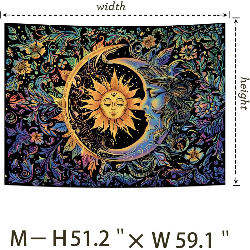 VIKAMA Sun And Moon Tapestry, Psychedelic And Mysterious Flower Tapestry, Hippie Bohemian Flower Plant Wall Tapestry