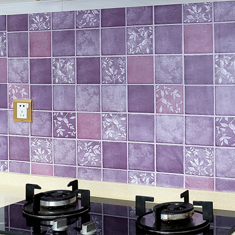 Self-adhesive Kitchen Oilproof Film High Temperature Resistance Wall Sticker Waterproof Wallpaper Mosaic Vinyl Tile Wallstickers: Purple / 3M x 40CM