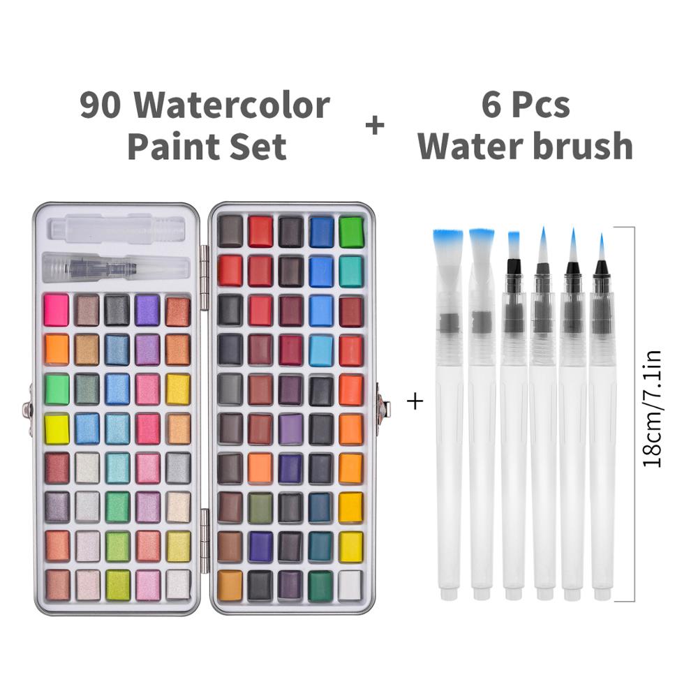 50/90 Colors Solid Watercolor Paint Set Contains Brushes in a Portable Metal Box for Beginner Drawing Painting Art Supplies: 90  with 6 Brushes