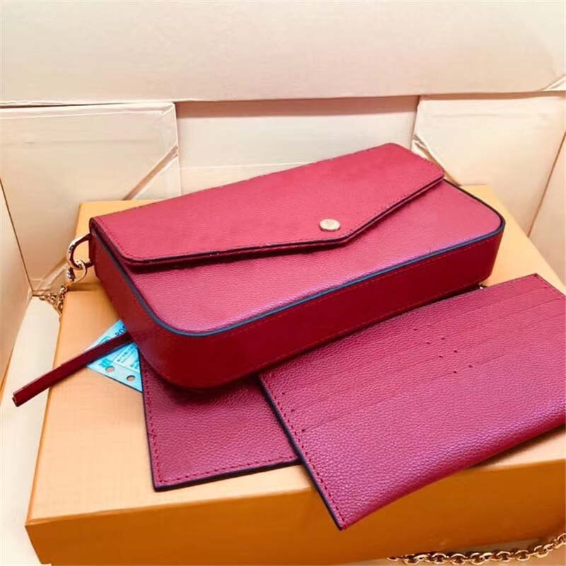 ! Cartera de tres piezas de la mejor a la retro sobres cadena simple P0CHETE FELlClE bolsos de hombro con caja: Red Embossing