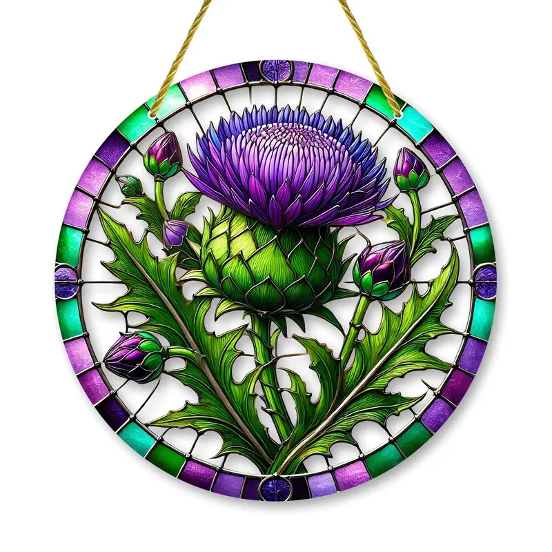 Encantador atrapasol de cardo escocés en ventana redonda pintada translúcida colgante para el hogar, porche, granja, decoración de Patio: 20 x 30 cm / Verde manzana