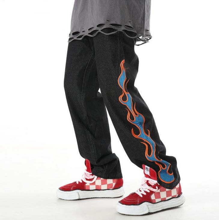 Baggy Flame Embroidered Jeans Flames Unisex Embroidered Jeans