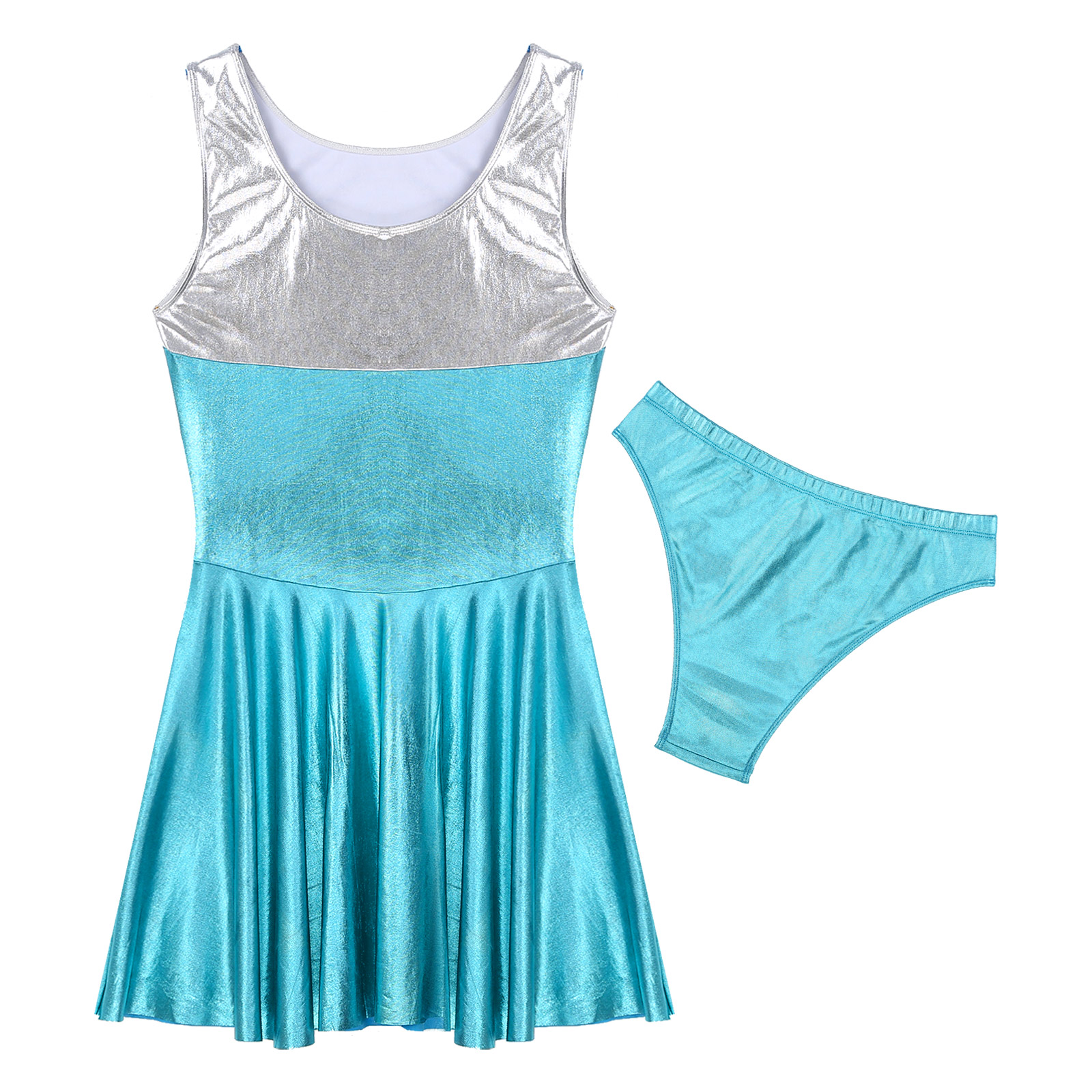 Women Ballroom Dance Dress Figure Skating Dancewear Shiny Metallic Rhinestone Decor Round Neck Mini Dresses with Briefs
