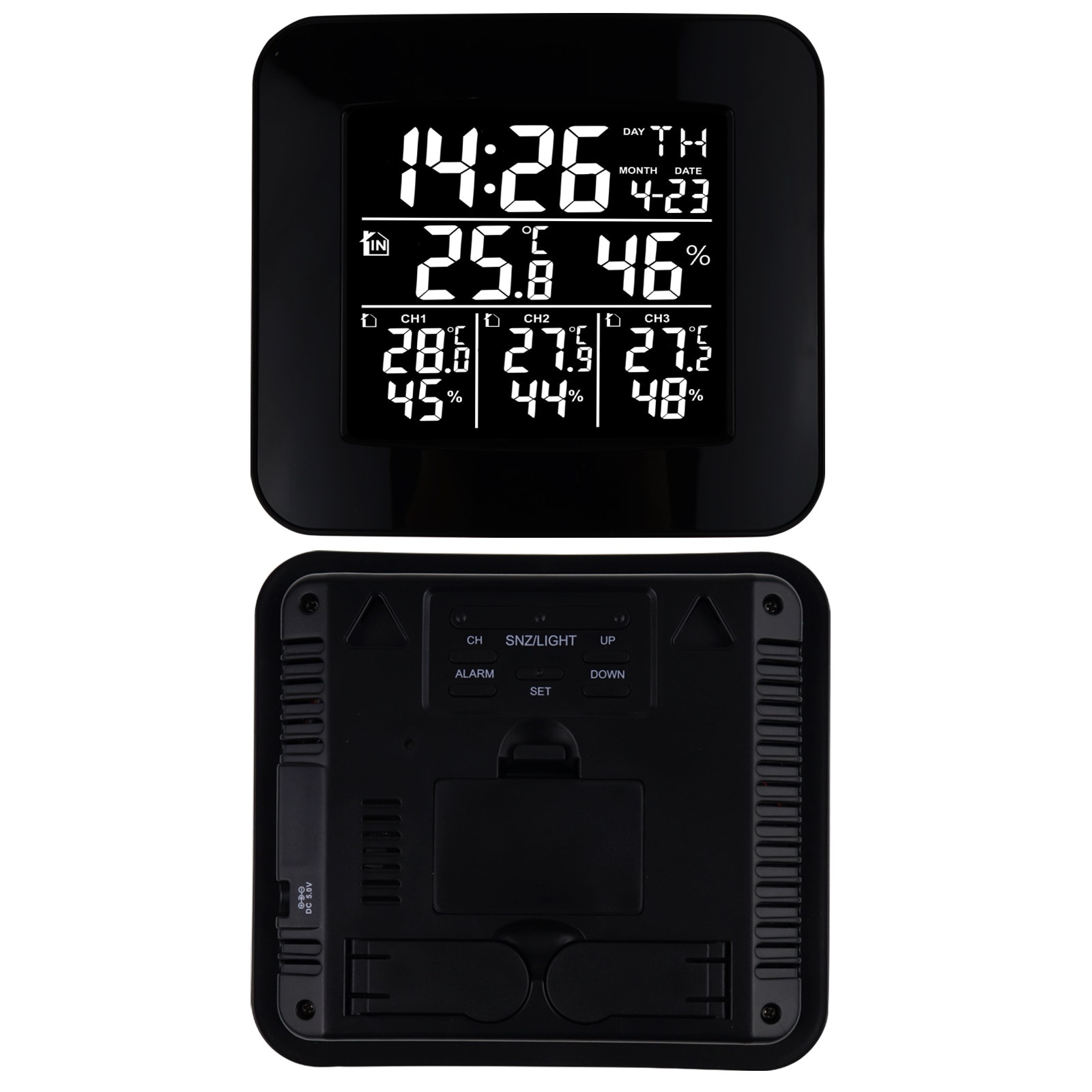 Digital Wireless Weather Station Indoor Outdoor Temperature &amp; Humidity Measurement with 3 Sensors, °C/°F Black LED Light Display