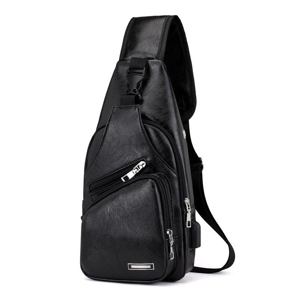 Axelväska för män sling chest pack pu läder usb laddning sport crossbody väska: Svart