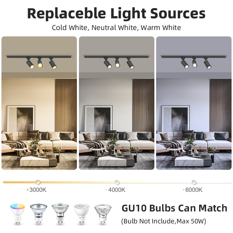 Juego completo de luces Led para riel de techo, foco de fuente de luz GU10 reemplazable para sala de estar y dormitorio, lámpara Led para riel
