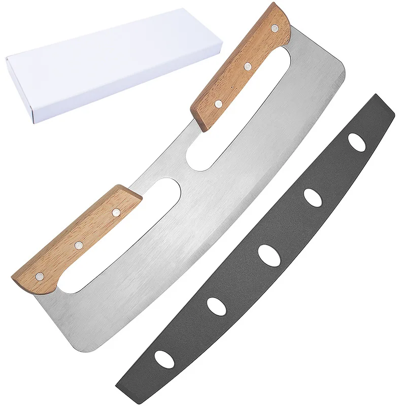 Pizzasnijder met houten handvat Gebogen mes Grote roestvrijstalen pizzasnijder Scherp rockermes Halfrond scheerapparaat Bakgereedschap: Light Grey