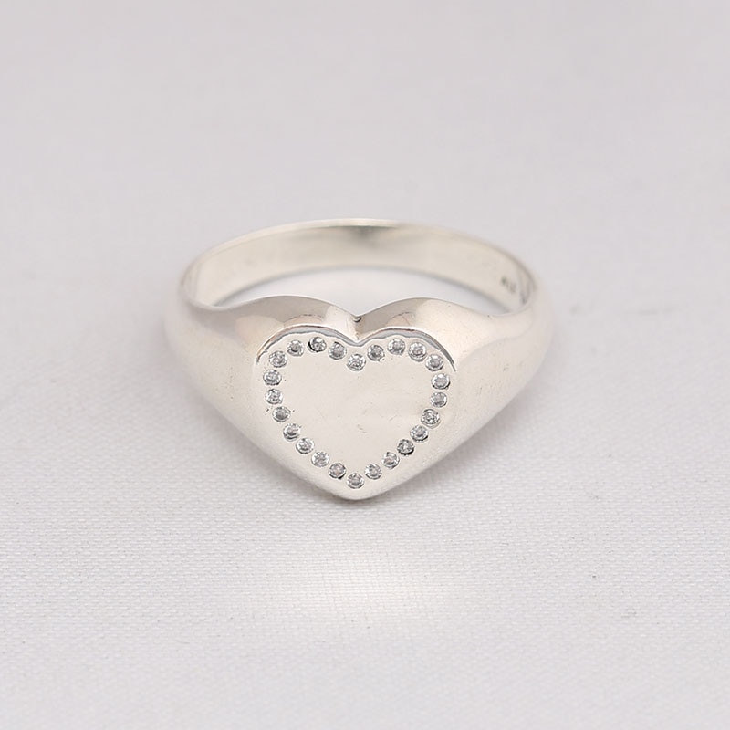 Genuine 925 Sterling Silver Heart Signet CZ Ring Compatible With European Jewelry