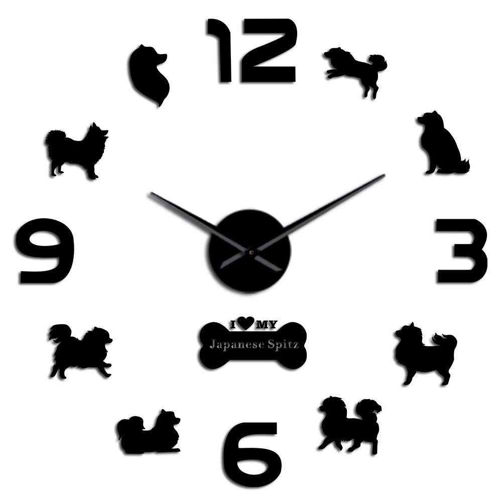 Spitz-Reloj de pared grande de acrílico para mascotas, calcomanías decorativas de pared con japonés de perro, Animal, tienda de cachorros, sin tic-tac: Black / 27inch