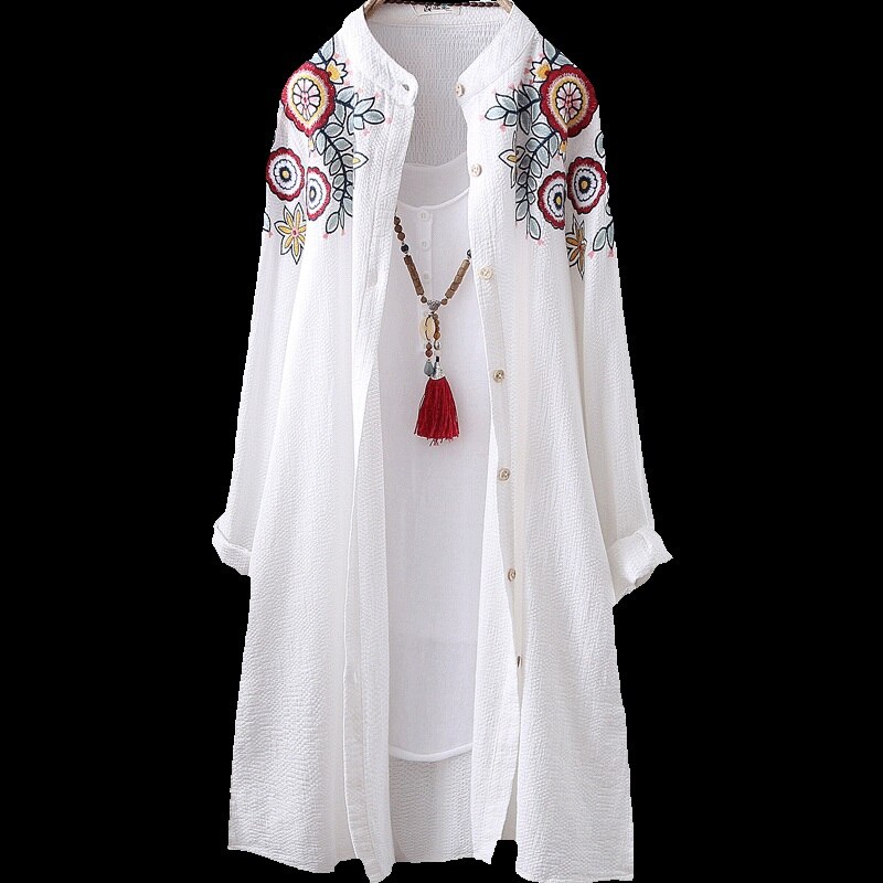 Camisas de estilo chino para mujer, Tops y blusa de talla grande , blusa bordada de manga larga Vintage para mujer, Top abotonada informal de oficina 11128