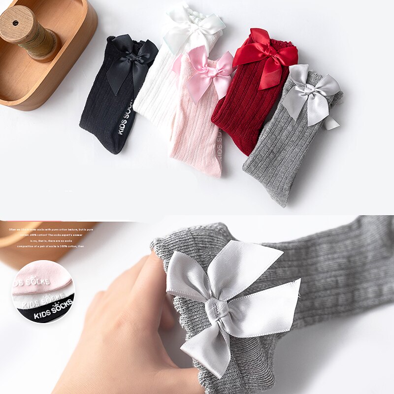 Baby Zomer Kleding Kids Peuters Meisjes Grote Boog Knie Hoge Lange Zachte Katoenen Kant Babysokjes Strik 100% katoenen Sokken