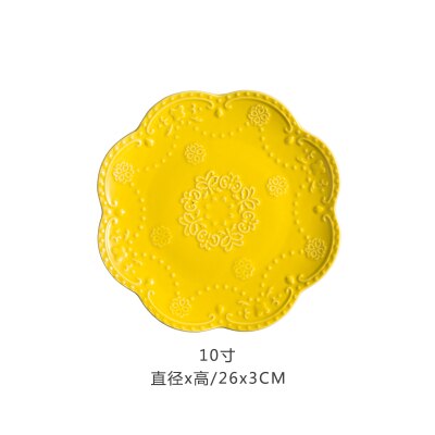 Assiette à fruits en relief chinoise, assiettes à salade, plateau en céramique, disque à Steak rose, gâteau, plat, accessoires de cuisine pour la maison, 6, 8, 10 pouces: Yellow 10 inches