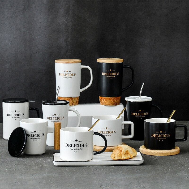 mug Nordic style luxury luxury gold wood grain ceramic cup business coffee afternoon tea cup cup Spoon tray lid