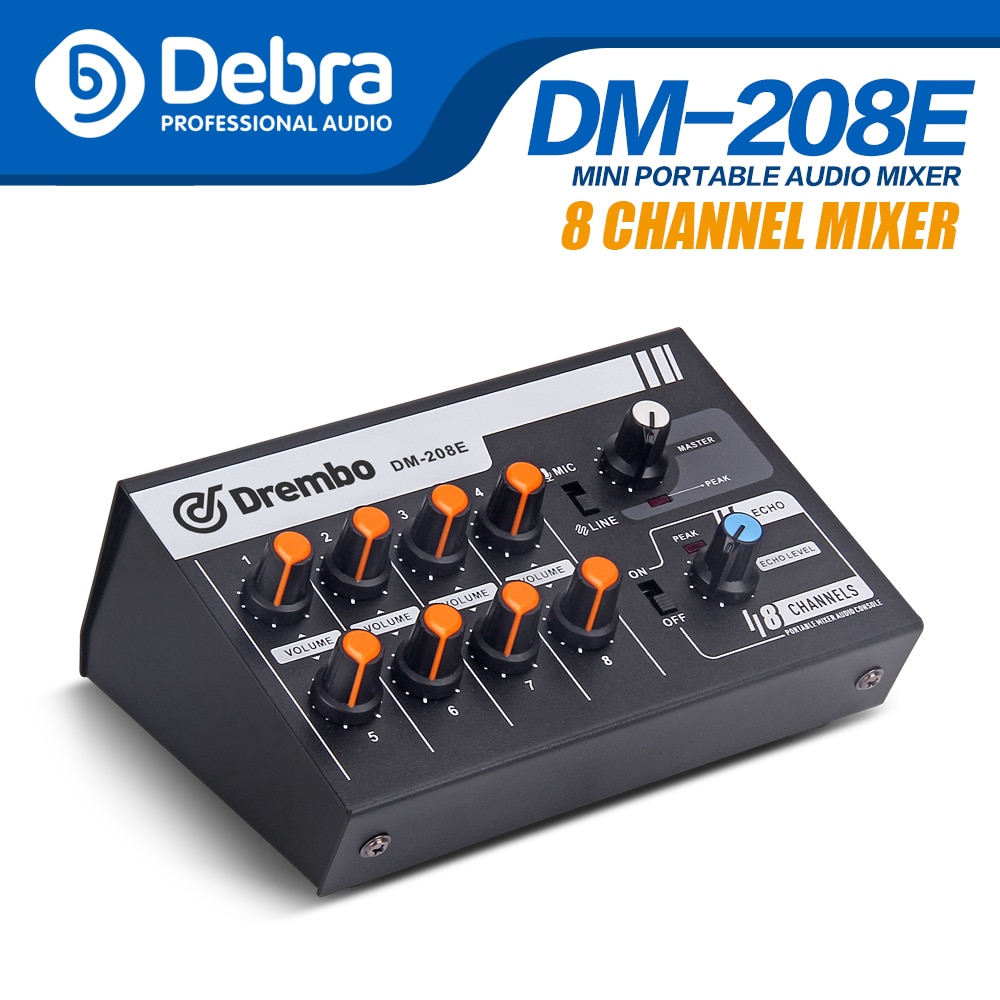 DM-208E Mini Audio Mixer Draagbare Schakelbare Stereo 4 & Mono 8 Kanalen Microfoon dj controller voor Karaoke Party