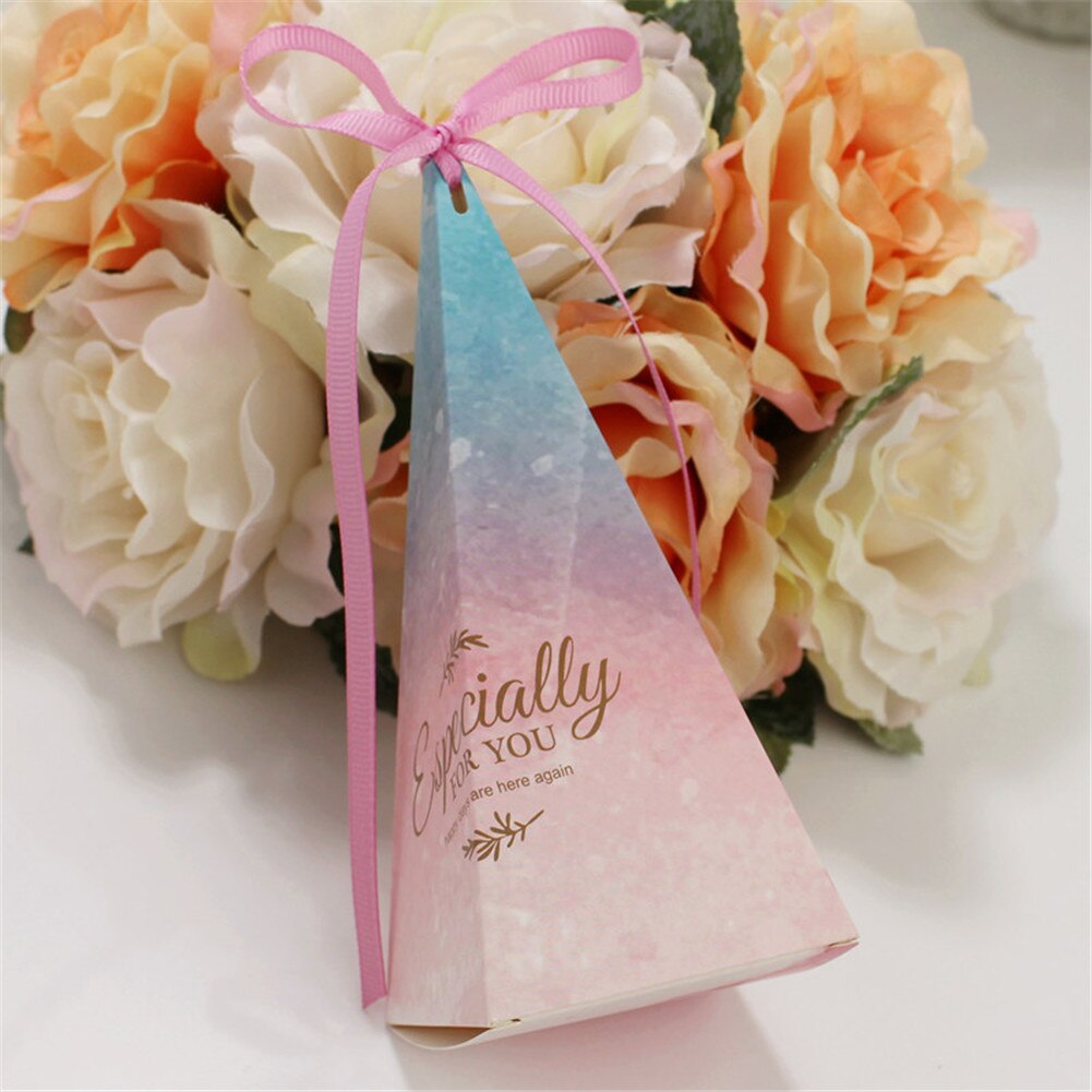 50Pcs Pyramid Shape Candy Boxes with Ribbon Wedding Birthday Party Favor GQ: Gold