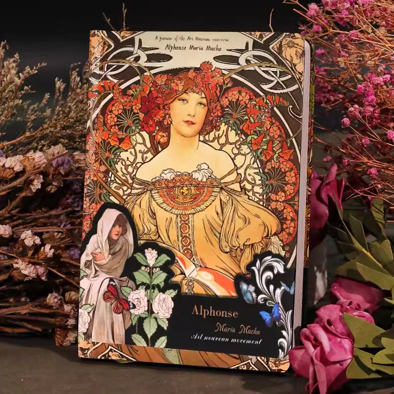 Mucha's Famous Painting Series Retro Hardcover Notebooks Classic Color Page Illustration B6 Diary Student Notepad: Burgundy