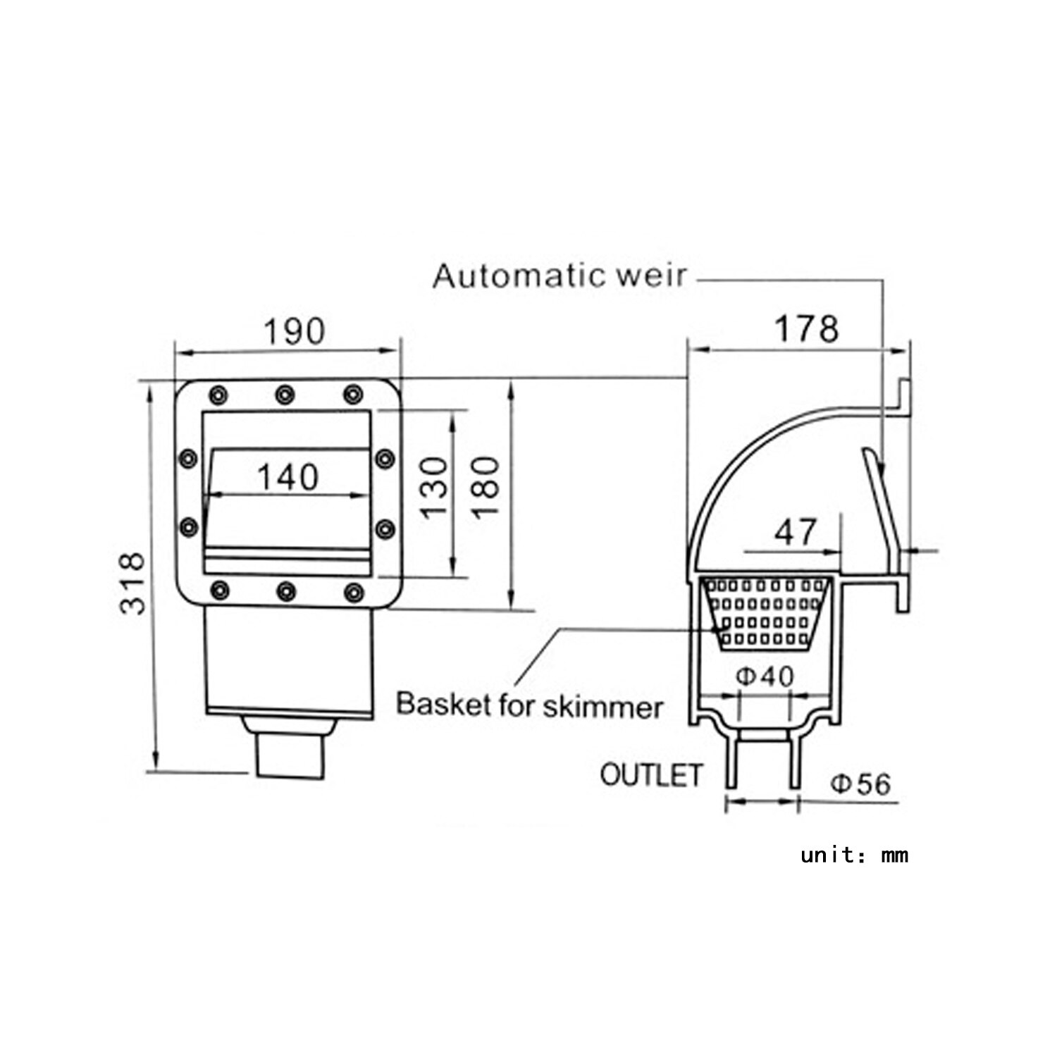 Steel wall above ground pool filter skimmer thru wall concrete pool skimmer through wall swimming pool cement ABS