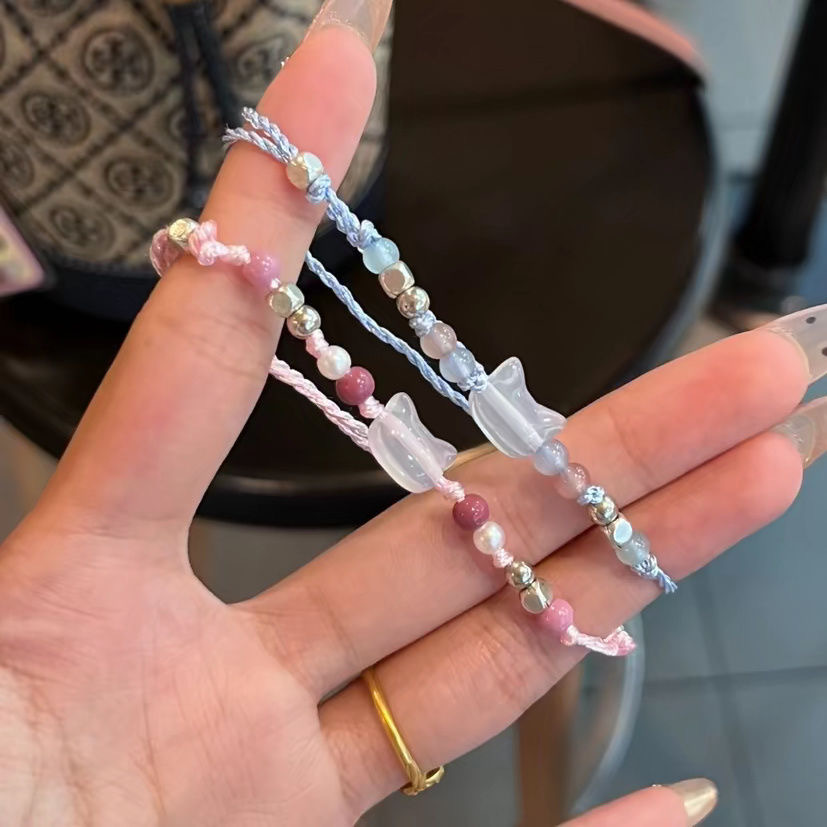 Pulsera de gato bonita hecha a mano para parejas, cuerda de mano única y para mujeres y hombres, pulsera tejida con cuentas, de joyería para la muñeca