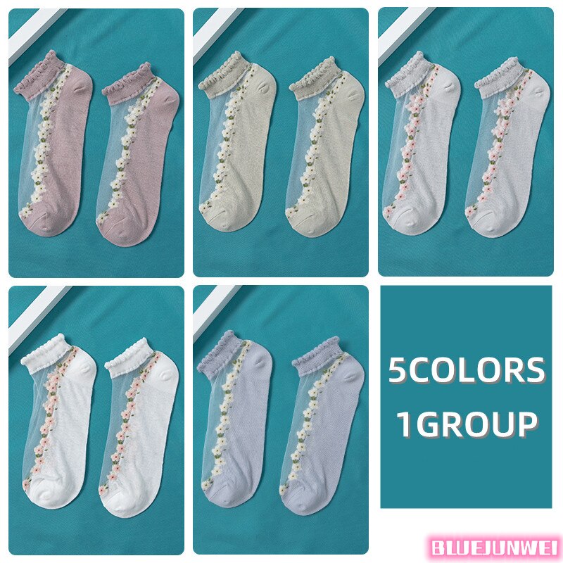 5 paires de chaussettes pour femmes, été, motif floral, chaussettes en soie, cristal, douces, en coton, respirantes, à la cheville: 10