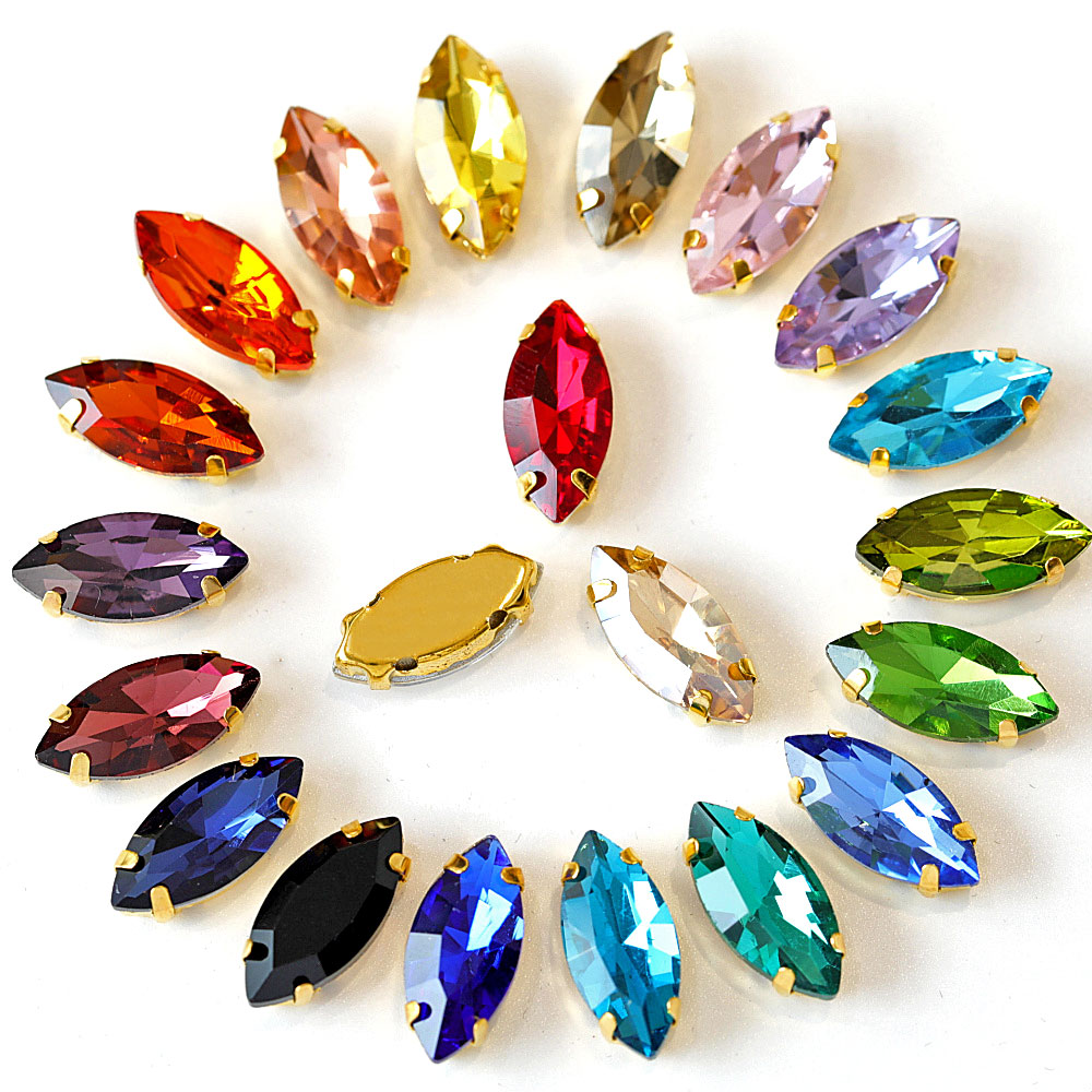 Paardenoog, veelkleurige kristal, naai-op strass-steentjes, navette, vele maten, naai-strass-steentjes met gouden klauw voor trouwjurk  e7073