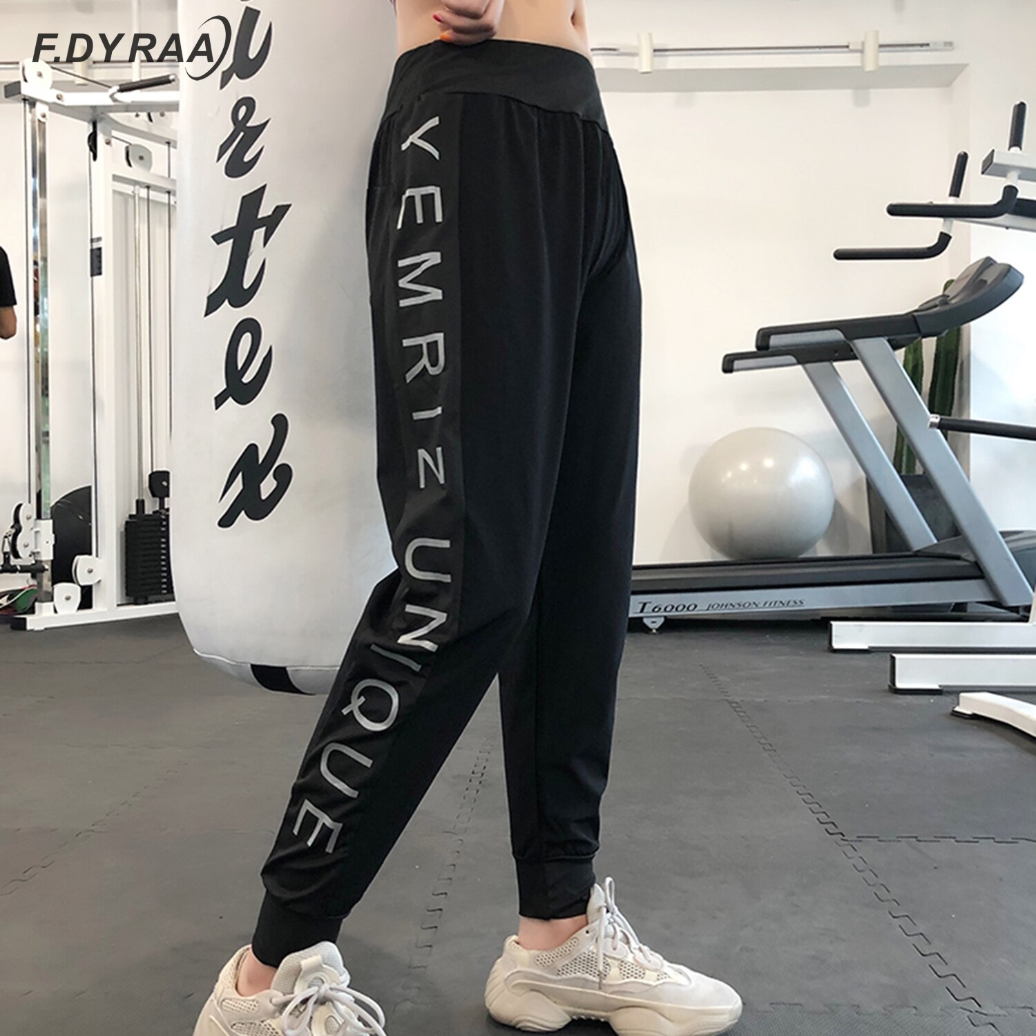 F. Dyraa Vrouwen Ademend Hoge Taille Sport Broek Mode Side Letter Gedrukt Hoge Stretch Jogger Mujer Broek Comfy Losse Broek