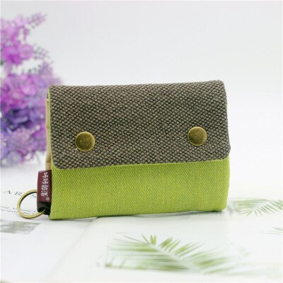 Cute Three Layer Folded Manual Canvas Wallet Bag With Multi Card Holder Multifunction Coin Purse: Yellow Green