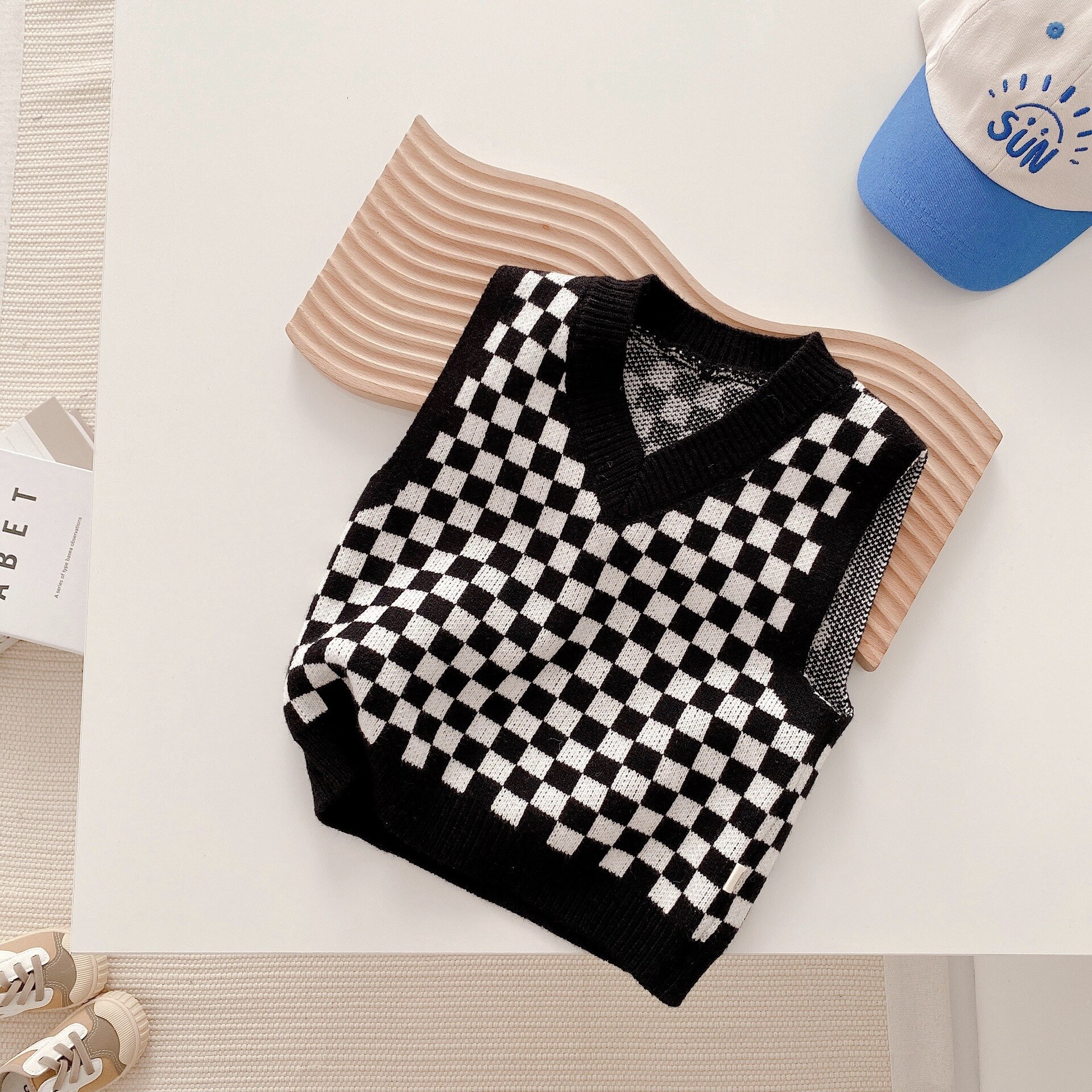 Ropa para niños 1160B, chaleco de punto a cuadros con cuello en V, suéter informal bonito para niño, Tops a cuadros para niña 2022: Black / 130 for 7y