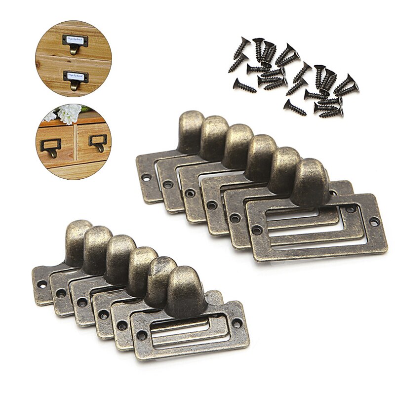 6x Handle File Name Card Cabinet Label Holder Antique Brass Drawer Pull Frame Furniture Hardware