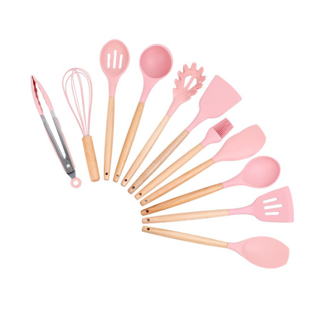 11pcs Silicone Cooking Utensils Set ,Pink Solid Wood Handle With Storage Box, Kitchenware Kit Kitchen Tools Accessories: Pink without box