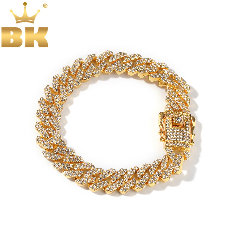 THE BLING KING 12mm Bling S-Link Miami Cuban Bracelets Gold Color Full Iced Rhinestones Hiphop Mens Bracelet Jewelry