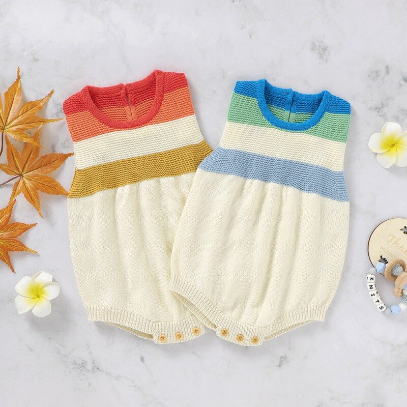 Newborn Infant Baby Romper Sleeveless Winter Girl Boy Knitted Warm Stripe Strap Bodysuit
