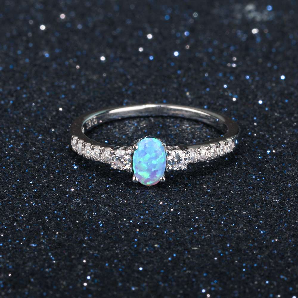 Véritable pur 925 argent Sterling ovale bleu opale bague avec zircon cubique femmes bagues de mariage bijoux de fête (Lam Hub Fong)