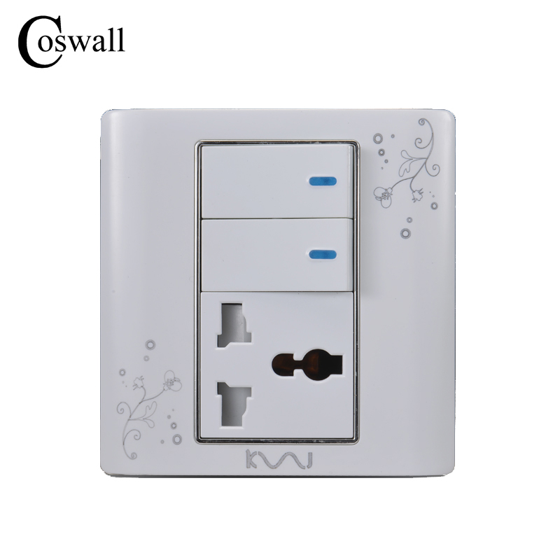 COSWALL Wall Electrical Socket Universal 3 Hole Power Outlet With 2 Gang 2 Way Light Switch