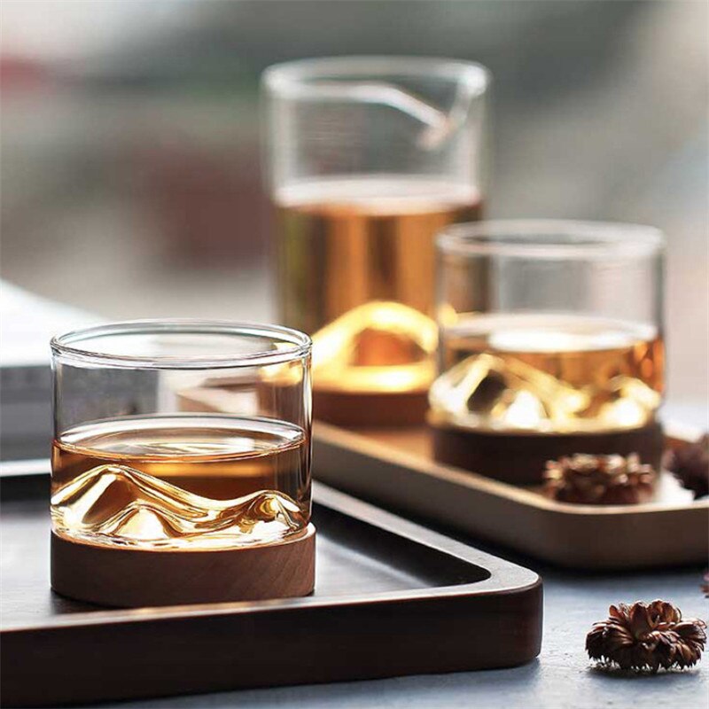 Bjerg whiskyglas med træbase ølglas vin vand te kop whiskyglas sæt bar drinkware tilbehør