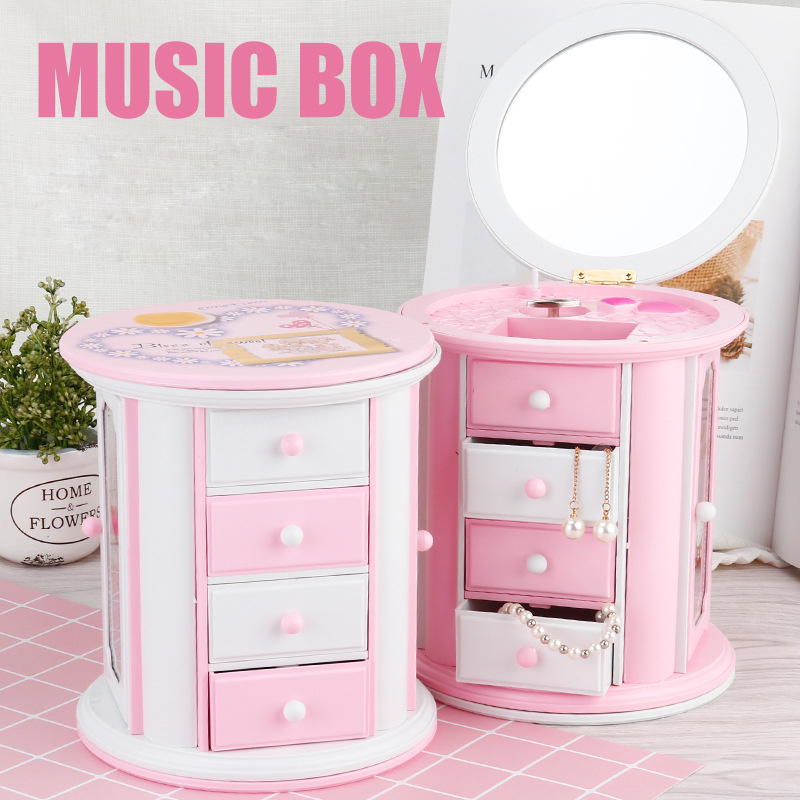 3 layers Girls Music Box Cartoon Toys Drawers Storage Box with Mirror Jewelry Container Necklace Organizer Open Doors