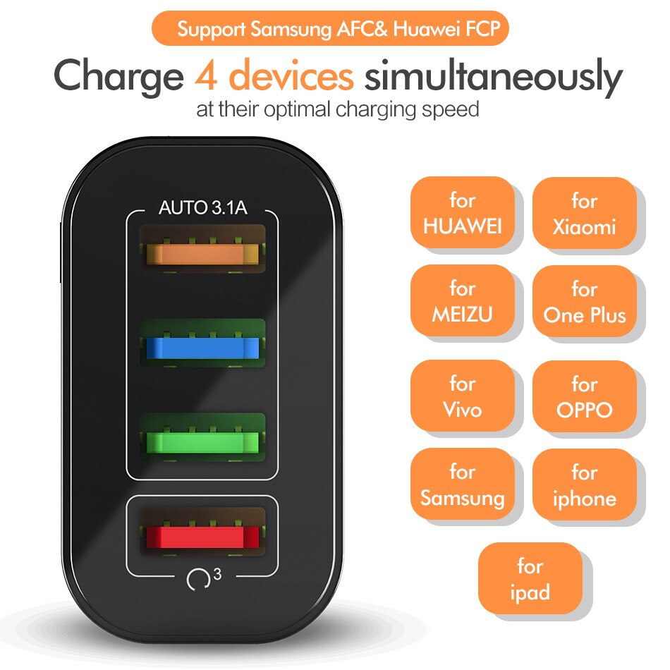 4 Ports USB Quick Charge 3.0 For Samsung Charger QC 3.0 Fast Charging For iPhone 11 8 Huawei Mate 30 Wall Travel Charger Adapter