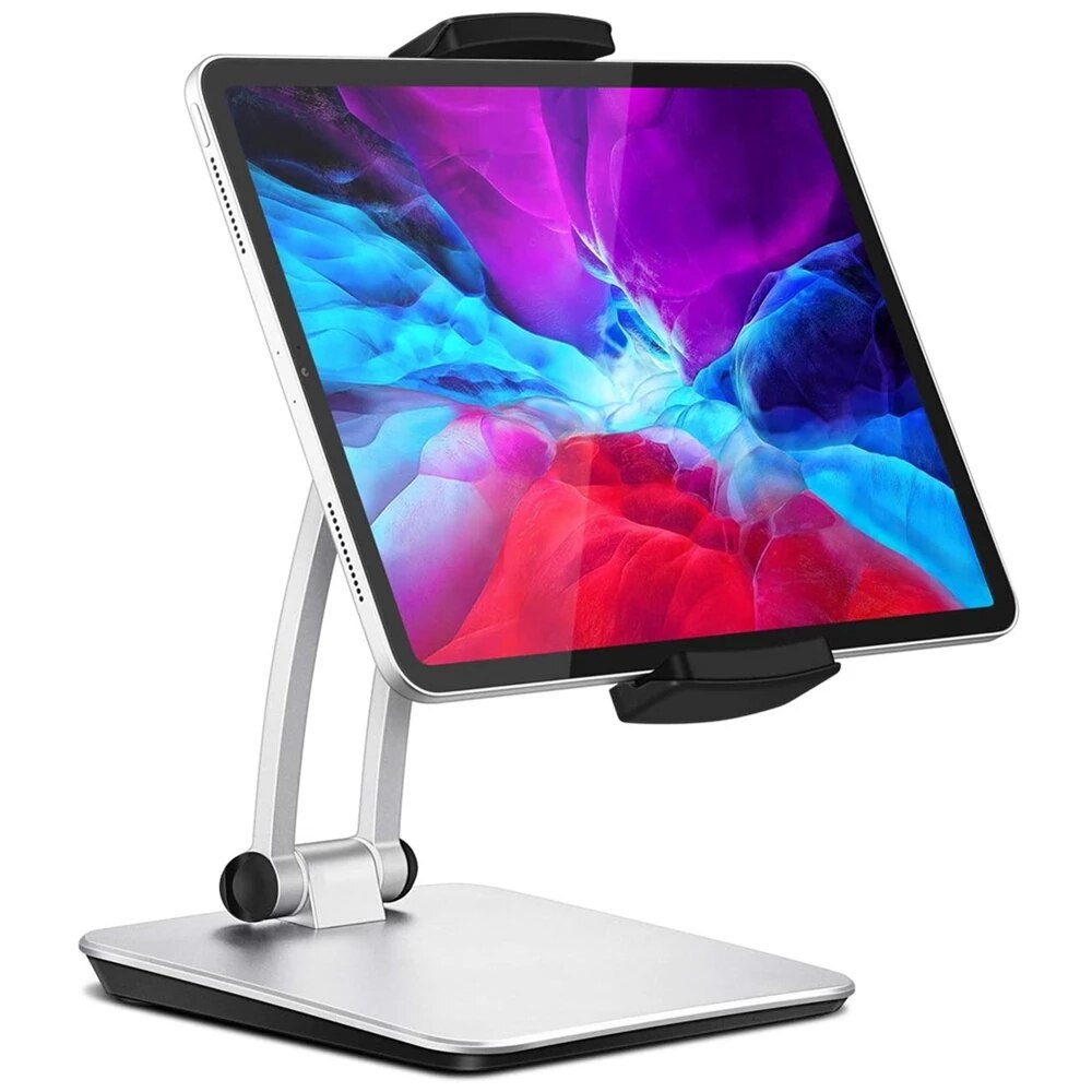 Tablet Stand Holder Adjustable, Folding 360° Swivel Desk Mount Cell Phone Bracket Support 4.7"-12.9" Display Tablets/Phones: Silver