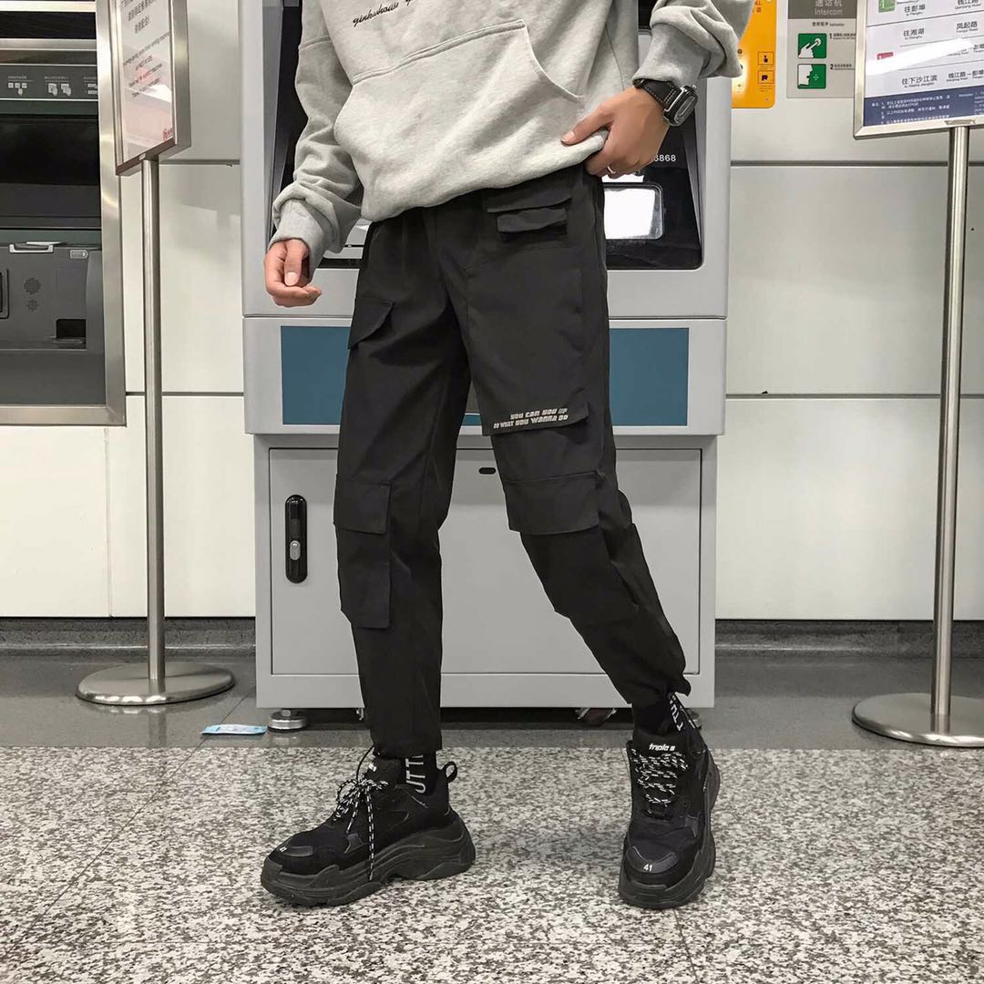 Menn streetwear last bukser kjeledress herre posete hofte hopp jogger bukser lommer harem bukser lilla joggebukser koreansk: Asiatisk størrelse l / Svart