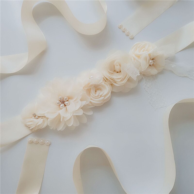 Nuevos y creativos cinturones finos y largos de seda, fajín de señora con flores de gasa, lazo de encaje, accesorios de boda y: Milk White