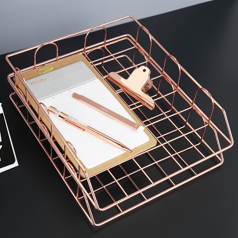 Bandeja de Metal dorada para documentos, organizador de oficina, almacenamiento de papel en capas, Accesorios de escritorio, estante para revistas, archivador Manual