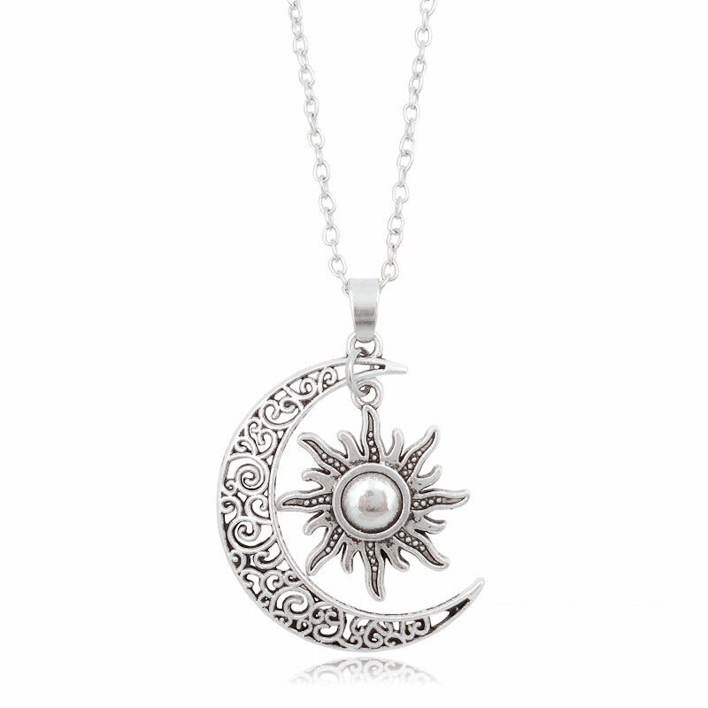 XUSHUI XJ Vintage Sun Moon Pendant Necklace Silver Crescent Moon Chain Necklaces for Women Jewelry: S7981