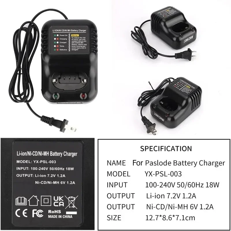 For paslode battery charger for Paslode Charger 3 in 1 Lithium-ion/Ni-CD/Ni-MH for Paslode 6V Ni-CD/Ni-MH 7.2V Li-ion Battery